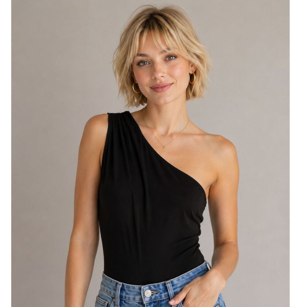 21 Saints One Shoulder Black Bodysuit Sz S Rayon Stretch NWT Chic Minimalist #13